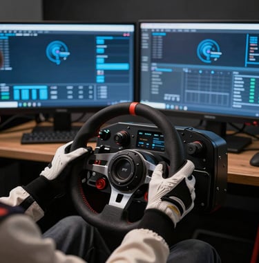 A photograph of a driver's hands in racing gloves on a technical sim-racing wheel, with multiple monitors in the background showing Precision Azure Blue telemetry overlays. Captured in a dark, professional North American / US home studio.