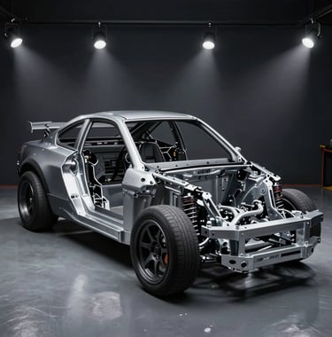 A wide-angle, low-shot of a professional track-ready car chassis in a North American / US workshop. The background is dark obsidian with focused tech silver spotlights on the suspension components and engineering details.