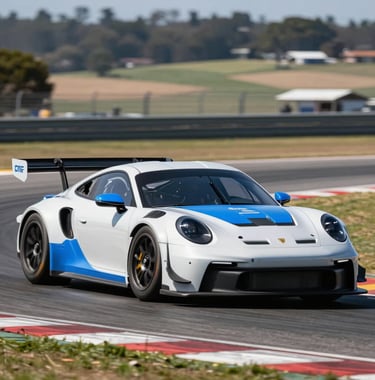 A high-action photograph of a race car cornering hard at Laguna Seca, with the North American / US landscape blurred in the background. The car has high-visibility Precision Azure Blue highlights on its Metallic Silver White body.
