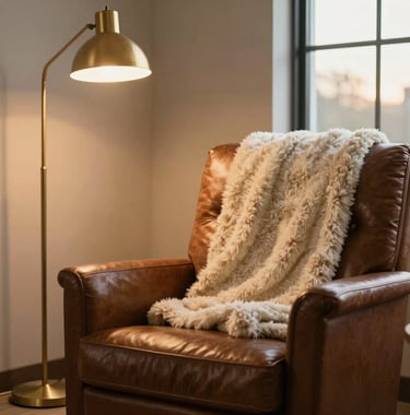 Photography of a cozy, professional therapy room in North American / US, featuring a brown leather armchair, a soft ivory wool throw, and a gold floor lamp. Soft, evening golden hour lighting through the window.
