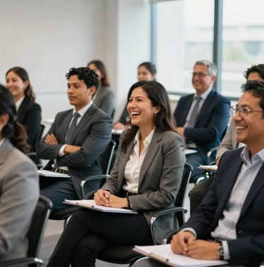 A group of Latin American professionals participating in an engaging corporate workshop, sitting in a bright and airy conference room, laughing and collaborating.