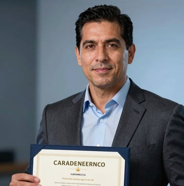 A professional Latin American man receiving a certificate, looking proud and confident, soft blue lighting in the background, high-end photography style.