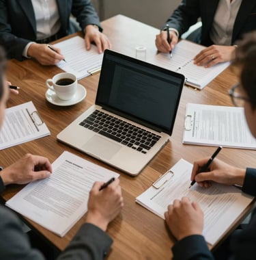 Top-down shot of a conference table with a laptop, a coffee cup, and organized documents during a managerial training session. Warm but professional lighting, reflecting a serious and productive work environment.