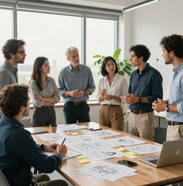 A group of diverse South American professionals in business casual attire engaging in a lively brainstorming session. They are standing around a large table with sketches and sticky notes. Bright, airy corporate studio with plants, professional photography style.