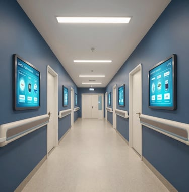 An 8K 3D render of the corridor in a smart hospital, featuring interactive displays and modern lighting in dark blue and off-white tones.