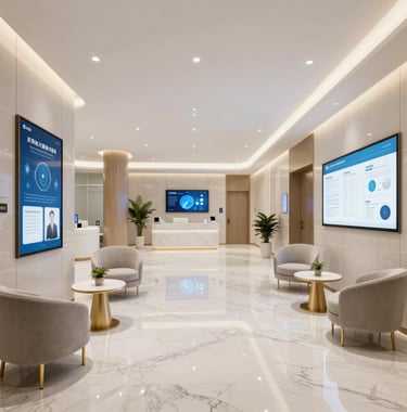 Wide-angle luxury interior of a smart medical clinic lobby featuring sleek marble floors, digital information screens, and elegant minimalistic furniture in gold and light grey. Professional atmosphere.