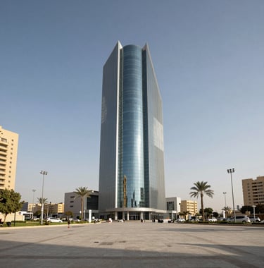 Wide-angle architectural shot of a modern city square in Egypt featuring a smart medical tower. The building stands out with its innovative glass design, surrounded by a clean and professional environment in daylight.