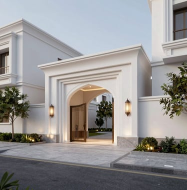 A high-end 3D architectural visualization of a residential complex entrance in Minya, Egypt. The design features royal white walls, light grey pavement, and professional landscaping with soft night lighting.