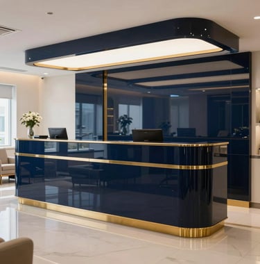 A photography-style capture of a sleek, dark blue and gold reception area in a premium medical facility in Egypt, reflecting high-end luxury and cleanliness.