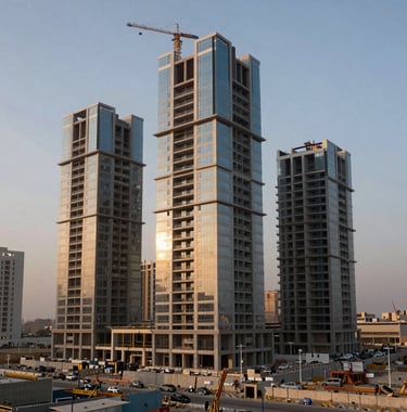 Cinematic photography of a modern high-rise development site in Egypt during twilight, with a focus on high-quality construction materials.