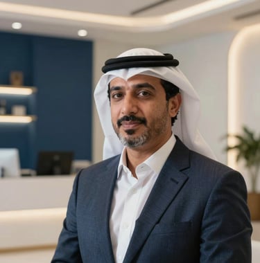 A close-up photograph of a professional Middle Eastern consultant in a high-end, modern real estate office in Egypt. The environment is minimalistic with white and dark blue tones and soft golden lighting.
