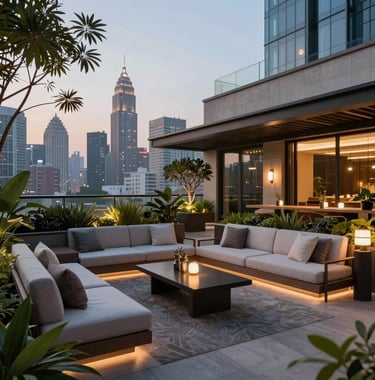 A beautifully designed rooftop garden and lounge area with soft ambient lighting, overlooking a metropolitan skyline. Sophisticated atmosphere for South Asian luxury living.