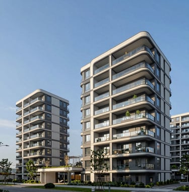 A wide photography shot of a newly completed modern apartment complex under a clear blue sky, showing architectural details like expansive balconies and integrated green spaces.