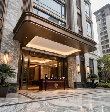 A grand entrance lobby of a premium residential tower, featuring marble flooring, high ceilings, and a professional concierge desk. Elegant and welcoming atmosphere.