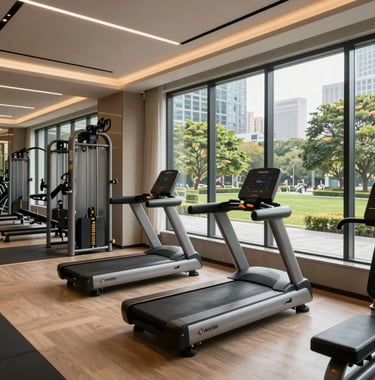 A high-end modern fitness center inside a luxury building, featuring state-of-the-art equipment and large windows overlooking a city park in a South Asian urban area. Bright, energetic lighting.