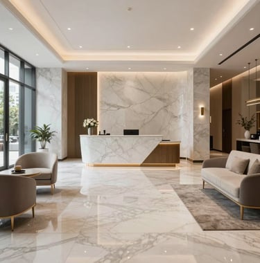 A clean, bright interior shot of a luxury residential lobby in a South Asian city, featuring polished marble floors, a minimalist concierge desk, and elegant contemporary furniture.