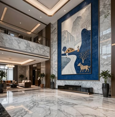 An interior shot of a luxurious modern apartment lobby with high ceilings, marble flooring, and elegant South Asian contemporary art, featuring deep blue and soft gray accents.