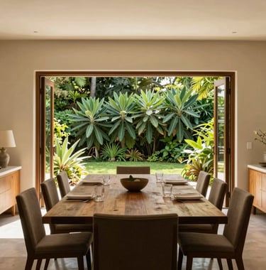 An interior shot of a sophisticated dining room in a Central American / Costa Rican luxury home. Warm Cream walls complement a large wooden table. Large folding doors open to a garden filled with vibrant Emerald Sage foliage, shot in bright natural light.