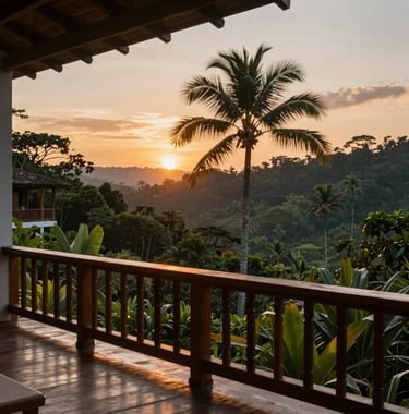A high-end lifestyle shot of a sunset view from a wooden balcony in a Central American / Costa Rican luxury villa. Warm lighting, silhouettes of palm trees against a deep charcoal forest green sky.