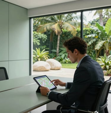 A professional in a modern Central American / Costa Rican office setting, reviewing a site map on a tablet. The office features minimalist design with soft misty sage green accents and large windows looking out onto a vibrant tropical emerald green garden with elegant creamy off-white stones.