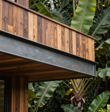 A close-up of architectural details on a luxury eco-home in Costa Rica. Textures of sustainable wood and Muted Leaf colored metal accents against a background of vibrant tropical leaves. Elegant and aspirational mood.