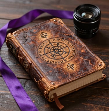 Macro photography of an ancient leather-bound book with mystical symbols on the cover, resting next to a purple silk ribbon on a dark wood table.