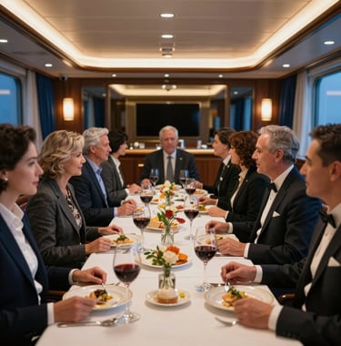 A sophisticated dining room on a luxury liner with warm lighting and deep blue accents. A group of professional adults are enjoying a formal dinner, with wine glasses and elegant table settings. North American / US style.