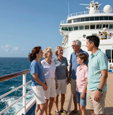 A group of family members of different ages laughing on the deck of a cruise ship with a backdrop of a clear blue North American sky and light teal ocean waves.