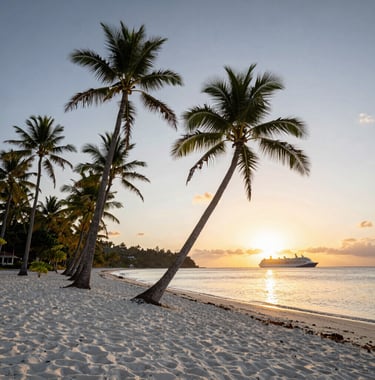 A wide-angle landscape shot of a pristine white-sand beach in the US Virgin Islands, with tall palm trees leaning over the shore and a distant cruise ship silhouetted against a golden sunset.