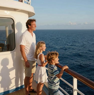 A North American family—a couple and two children—standing on a private cruise ship balcony, looking out at the deep blue sea and laughing together. The lighting is warm and golden, reflecting a happy family vacation.