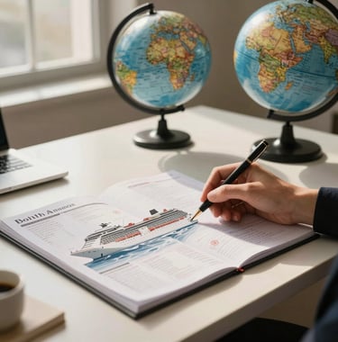 Professional lifestyle photography of a high-end travel planner's desk in a sun-drenched North American office, featuring cruise itineraries and a globe, with warm cream and deep blue tones.