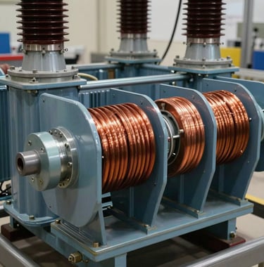 A close-up photograph of a high-power distribution transformer's core components, showcasing copper coils and robust steel shielding. Professional industrial lighting in a facility in the Middle East / خليجي with a color palette of navy blue and warm orange metallic reflections.
