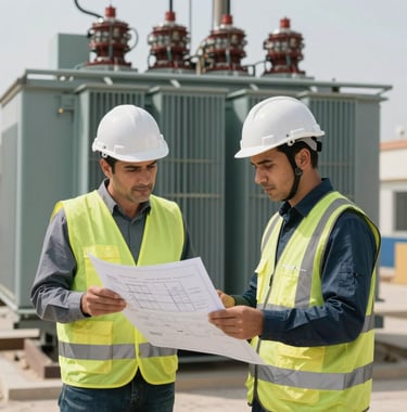 A medium shot of two electrical engineers in safety gear, including hard hats and reflective vests, reviewing blueprints in front of an array of electrical transformers in an outdoor facility. The setting is in the Middle East.