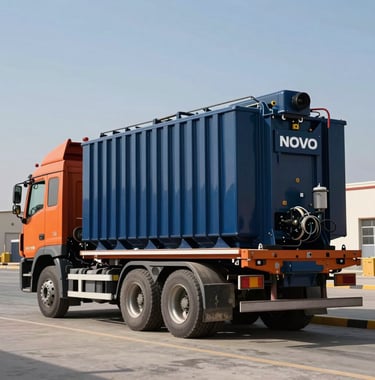 An outdoor photograph of a logistics truck transporting a large NOVO power transformer. The setting is an industrial site in the Middle East during a clear day. The orange and navy blue colors of the equipment stand out against the blue sky.