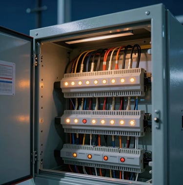 Detail shot of a professional electrical control panel with glowing indicators and organized wiring inside a modern energy project, representing technology and efficiency. Night-time indoor photography with soft blue and orange light in the Middle East / خليجي.