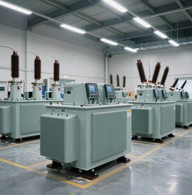 A professional wide shot of a clean, modern electrical warehouse in the Middle East, filled with organized rows of distribution and power transformers. The floor is polished concrete and the lighting is bright white LED.