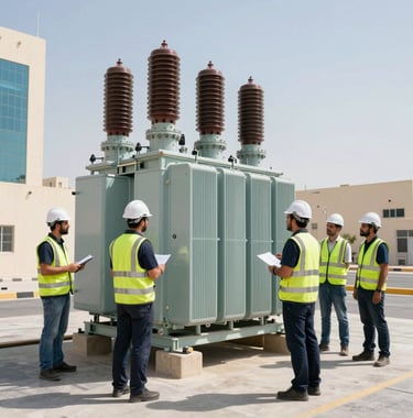 Wide shot of a team of professional engineers in energy industry attire inspecting a large electrical transformer installation in a modern urban environment in the Middle East / خليجي. Bright, clear daylight with a professional and trustworthy atmosphere.