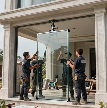 A professional construction crew in coordinated dark uniforms using advanced glass suction lifting equipment to install a large format pane into a luxury villa frame. Global construction context, daytime lighting.