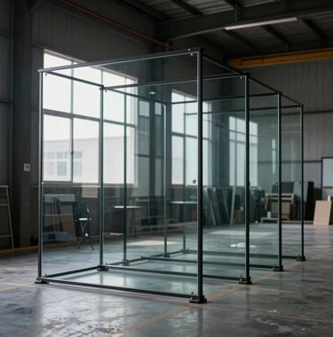 Industrial-chic shot of a row of large-format glass panels staged in a clean warehouse, ready for shipping. The light reflects off the pristine glass surfaces against dark charcoal walls.
