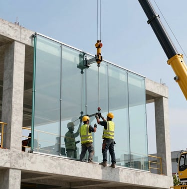 An action shot of a professional construction crew in high-end safety gear using a specialized crane to install a massive, minimalist glass panel onto a modern concrete structure. Bright, clear lighting and sharp focus. International / Global site.