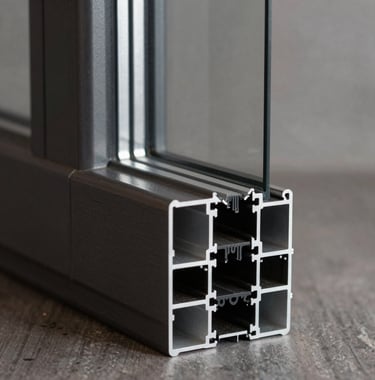 Macro photography of an ultra-slim aluminum window profile, showing the internal thermal break and precision-machined dark charcoal finish. Neutral lighting in an industrial-luxury setting.