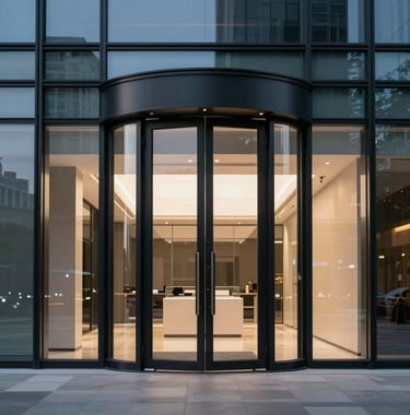 A cinematic shot of a high-end commercial building at dusk, featuring a massive pivoting glass door and ultra-slim sliding systems. The lighting is sophisticated, emphasizing the matte black frames and the clarity of the large-format glass. International / Global context.
