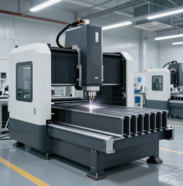 A clean, high-tech manufacturing facility interior with large CNC machinery cutting dark gray aluminum profiles. The space is spacious and minimalist, reflecting industrial-luxury standards.
