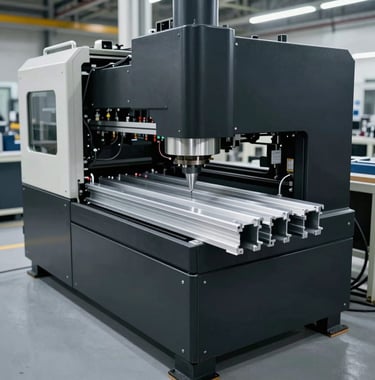 An industrial-chic photo of a high-tech manufacturing facility. Modern machinery is precisely cutting aluminum profiles in a clean, spacious environment with soft grey floors and matte black equipment. Global industrial setting.