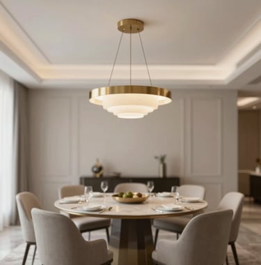 An interior shot of a formal dining room in a luxury home, featuring a designer light fixture in muted gold (#AA8A6B) and minimalist furniture. Sophisticated, clean, and upscale.