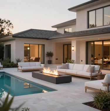 A luxurious outdoor living space and pool area in a Pflugerville estate. Features include a modern fire pit, soft white lounge seating, and elegant landscaping under soft twilight. The color palette emphasizes #F8F4ED and #CFC8BE.