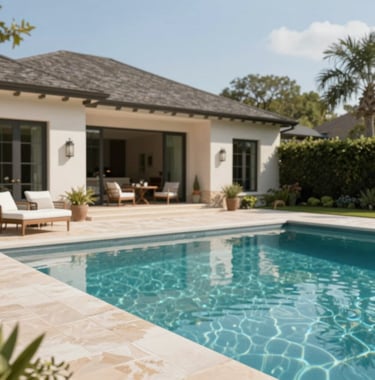 A lifestyle shot of a poolside terrace at a luxury home in Austin. The water is crystal clear, reflecting the #F8F4ED stone patio. Elegant outdoor furniture and a manicured landscape create a sense of serene, high-end living.