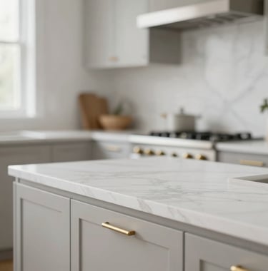A close-up, high-detail shot of a luxury kitchen featuring white marble countertops, muted gold (#AA8A6B) hardware, and minimalist cabinetry. The scene is bright and airy, representing the high-end properties found in Pflugerville and North Austin.