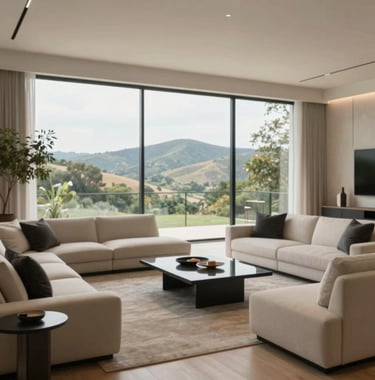A wide shot of a luxury living room with floor-to-ceiling windows overlooking the rolling hills of the Austin area. The furniture is modern and sophisticated in neutral tones (#CFC8BE), with black accents (#1A1A1A) and warm wood floors.