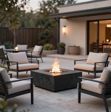An elegant outdoor entertaining space in Round Rock, Texas. A modern fire pit with black stone surround, surrounded by designer outdoor lounge chairs. Soft evening lighting creates a warm, inviting atmosphere. Palette: #1A1A1A and #CFC8BE.